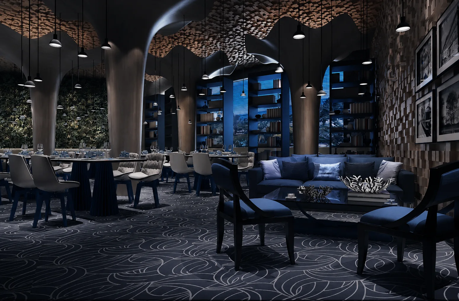 Restaurant dining room prepared for service